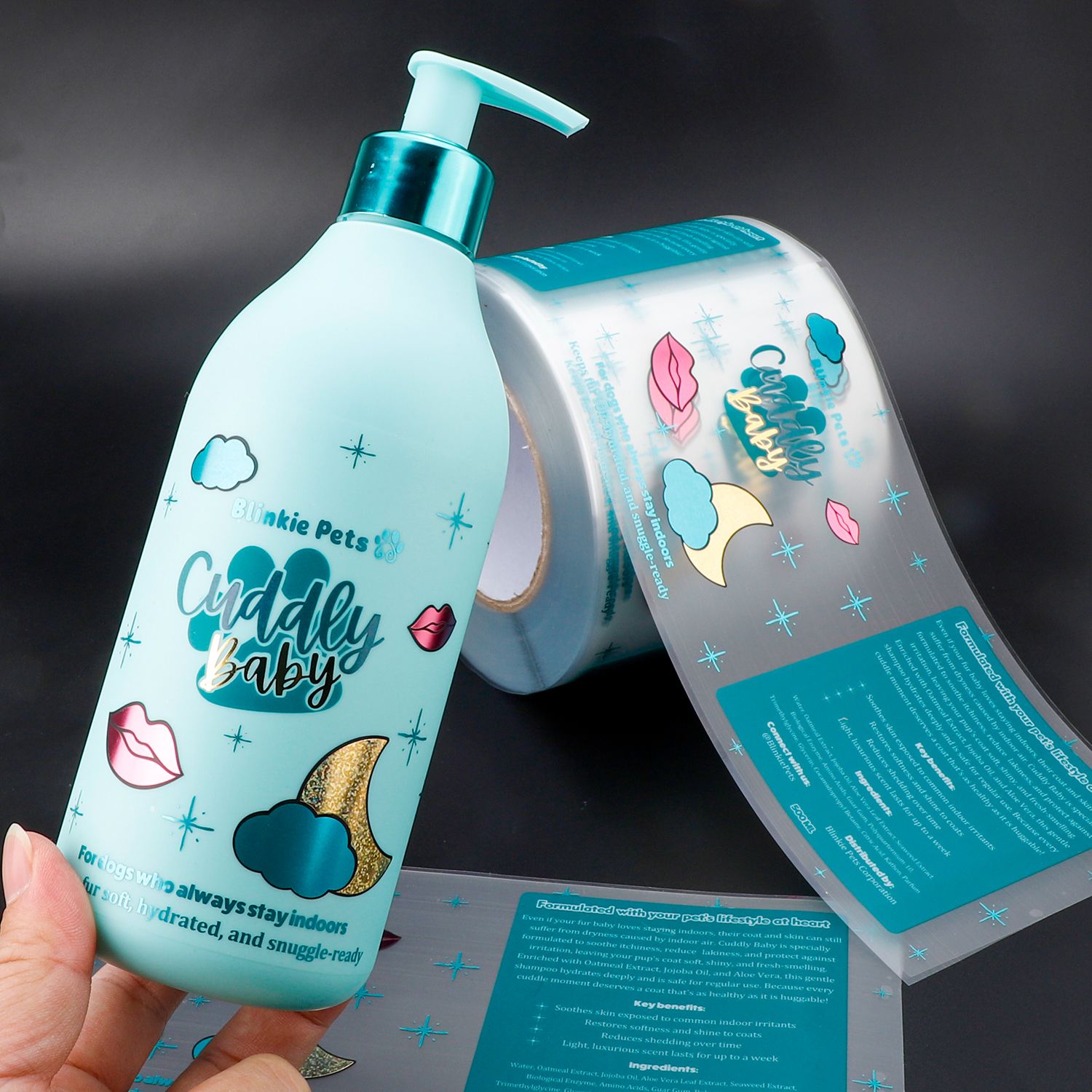 Custom Roll Waterproof Adhesive Transparent Printing Clear Gold Foil Logo Packaging Sticker Label for Pets Product Shampoo