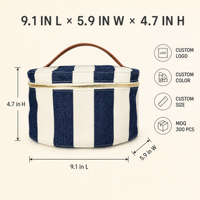 Trousse de Maquillage Cylindrique Personnalisée avec Logo, Style Nautique Rayé en Jean et Toile, Fermeture Éclair, Poignée en Cuir