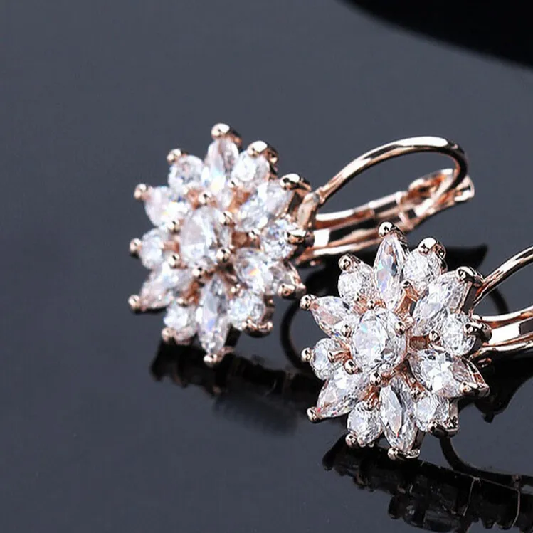 Trendy Luxury 18K Rose Gold Buckle Hypoallergenic Zirconia Crystal Flower Hoop Earrings