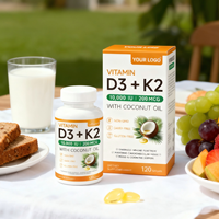 Capsules de vitamine D3 K2 végétaliennes à marque privée, 120 unités, pour adultes et adolescents, soutien immunitaire, santé osseuse, complément à l'huile de coco
