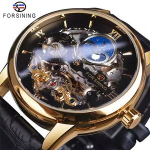 Forsining GMT1195双时区机械表黑金皮带月相陀飞轮防水自动手表