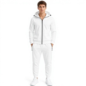 Unisex <b>White</b> Full Zip Hooded Tracksuit Set <b>Jogger</b> Pants Two Piece Casual Sportswear 100% Cotton Eco-Friendly Lightweight Custom - Product Image 1