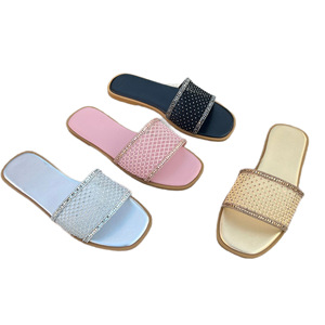 Fashionable Grid Full diamond Cool Drag square <b>Toe</b> Flat Strap Versatile Outdoor Wear Summer Sparkling diamond Women's Shoes - Product Image 1