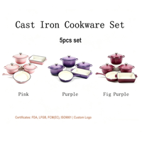 Ensemble de 5 casseroles en fonte, compatibles four, induction et gaz, certifiées FDA LFGB, pour cuisine domestique