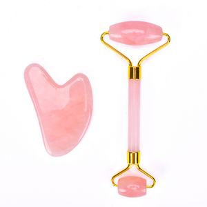 Herramienta de Masaje Gua Sha de Cuarzo Rosa y Rodillo de Jade para la Cara, Venta Caliente de Fábrica - Product Image 1