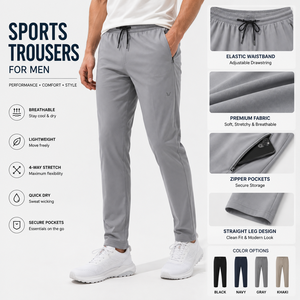 Sports <b>Trousers</b> For <b>Men</b> Stretch Straight Leg Jogger Pants <b>Elastic</b> <b>Waist</b> Zip Pockets Lightweight Custom Logo Activewear OEM ODM - Product Image 1