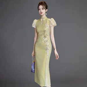 ZYHT 21150 nueva llegada verano elegante manga corta chino Qipao largo noche bordado Floral Cheongsam Vestidos para mujeres