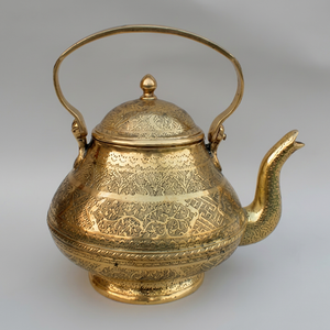 Oriental Metal Tea Kettle With <b>Lid</b> And Handle Decorative Gold Finish Water <b>Pot</b> - Product Image 1