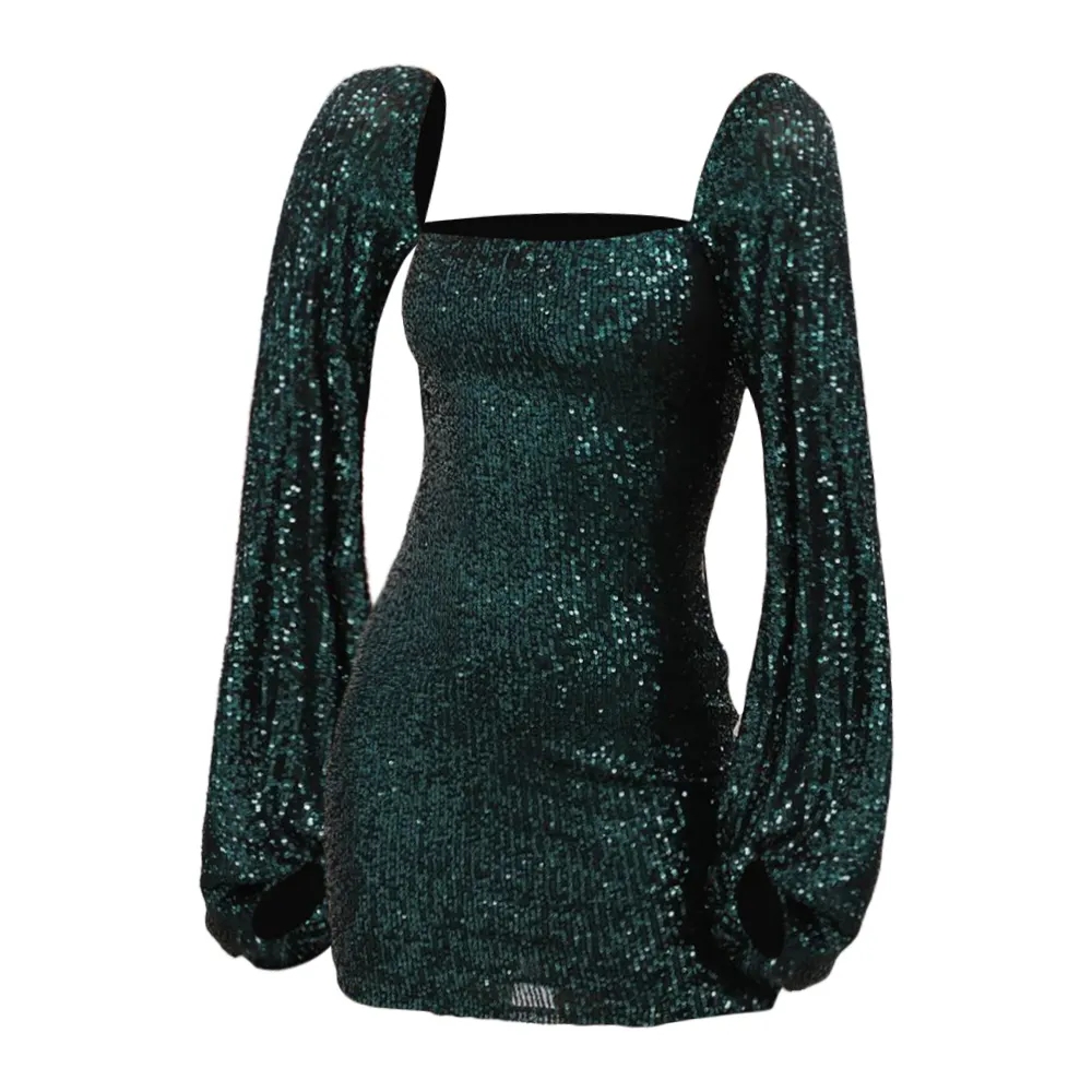 New best selling puff sleeve emerald green women's sequin evening party elegant short dress