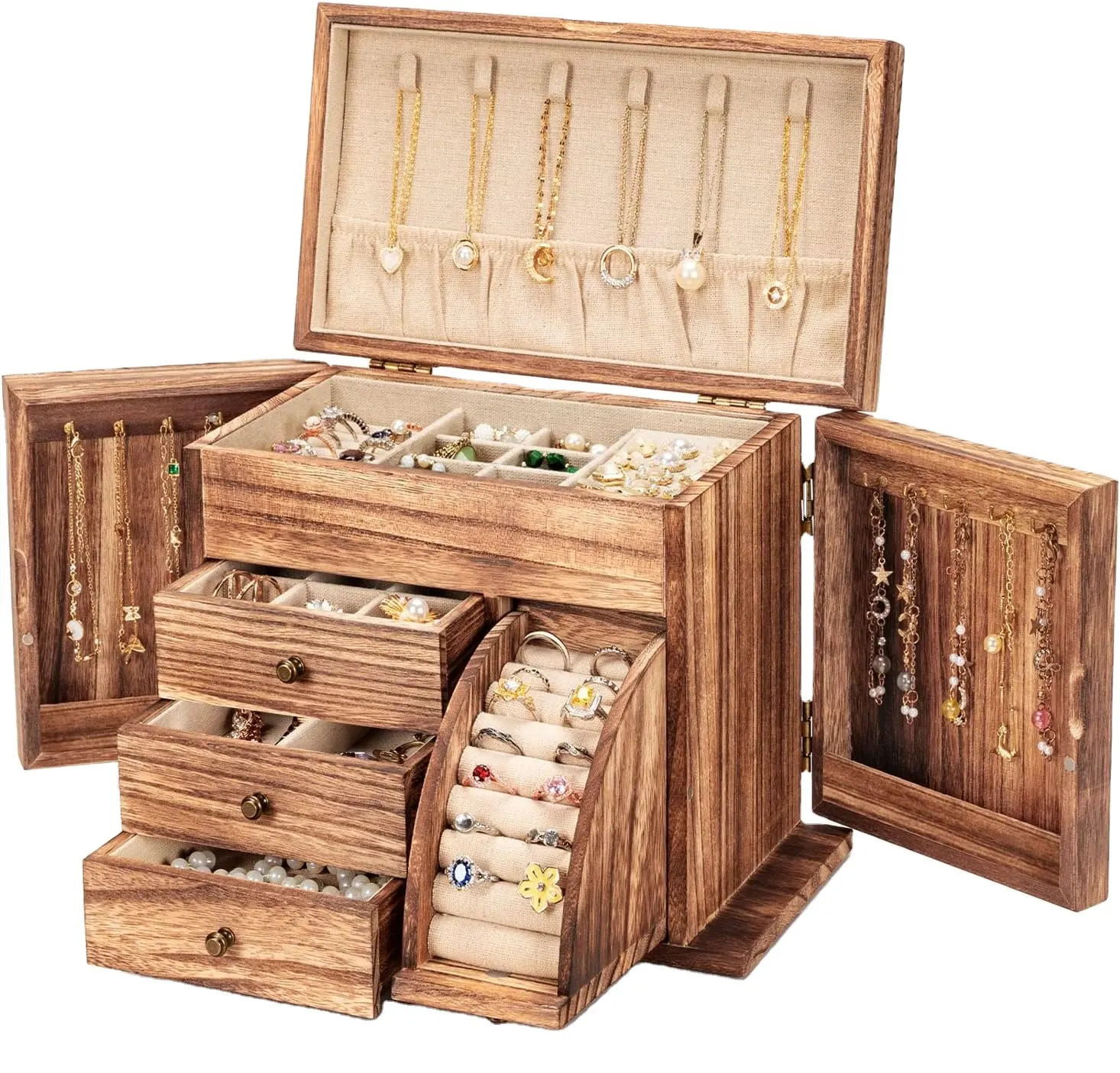 wooden jewelry collection box with many parts