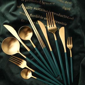 Ensemble de couverts de luxe Royal Green en acier inoxydable 304 pour mariages : cuillère, baguettes, couteau à steak - Product Image 5