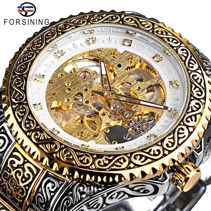 Gewinner Edelstahl Mechanical Forsining 521 Diamond Herren uhren Automatische Armbanduhr Outdoor uhr Golden Skeleton Clock