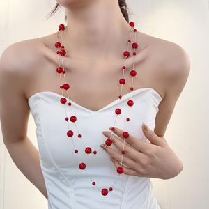 Guohaoshipin Multi Layer Red Imitation Pearl <b>Necklace</b> <b>Long</b> Chain Ball Shape Party Fashion Jewelry Women's Accessory - Product Image 4