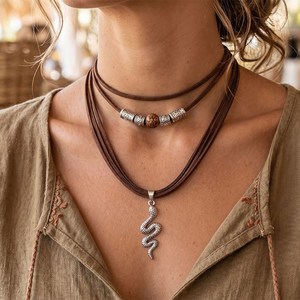 Bohemian Women's Leather Pendant <b>Necklace</b> With Earth Charm And Natural Stone Bead Casual Everyday Jewelry - Product Image 3