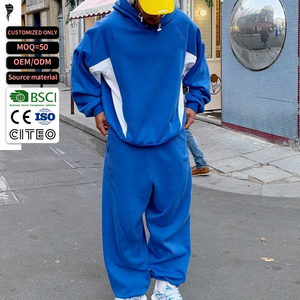 Streetwear Custom Blank 100% Cotton Baggy Tracksuit French Terry Color Block Sweatsuit Men's Oversized Boxy Fit Hoodies Set - Product Image 1