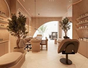 Diseño interior de lujo personalizado para salón de uñas, espacio pequeño, tonos cálidos, estilo moderno, tienda de belleza, diseño integral. - Product Image 1