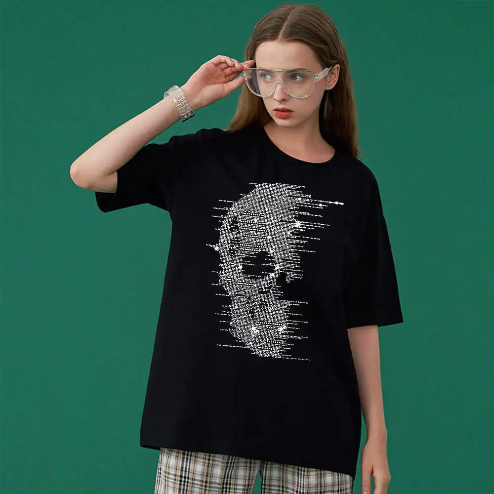 Personalizado verano Hot Drill Craft 100% algodón de manga corta ropa de mujer Skull Trend marca moda Casual Top T-Shir