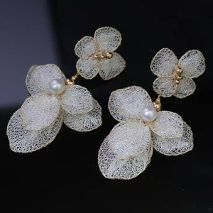14K Gold Filled Wire Lace Flower <b>Drop</b> <b>Earrings</b>, Premium 6‑7mm High Luster Freshwater Pearl Handcrafted Italian Craft Women party - Product Image 1