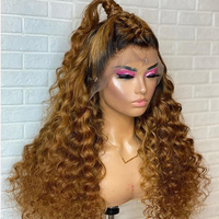 Pelucas de Cabello Humano Rizado Rubio Miel con Raíces Oscuras para Mujeres Negras, Peluca de Cabello Humano Rizado Ombre con Frente de Encaje Profundo, Color Personalizado