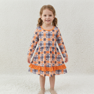 Robe à carreaux à manches longues pour filles, avec volants, coupe trapèze, longueur genou, imprimé chauve-souris orange et gris, en Spandex/Polyester, lavable, style preppy, pour l'été - Product Image 1