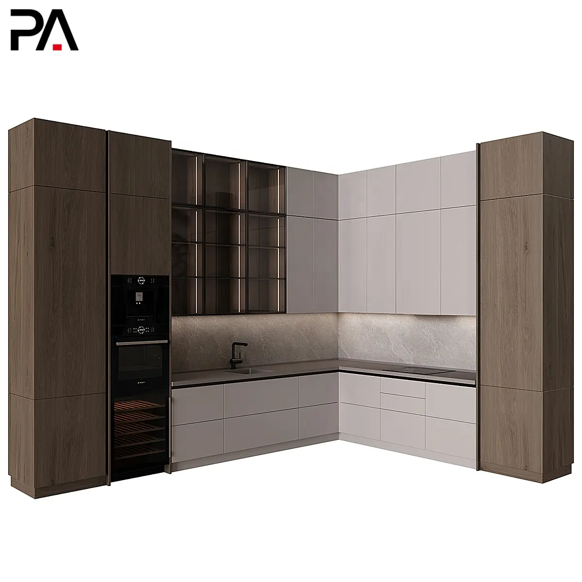 PA China l shaped modular glass morden pvc board kitchen wood door focus on cabinet design