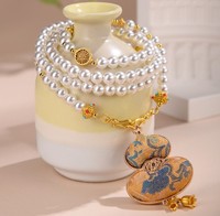 Nouveau collier chaîne pour pull de style vintage chinois avec pendentif gourde porte-bonheur, perles, brocart Song et perles de coquillage