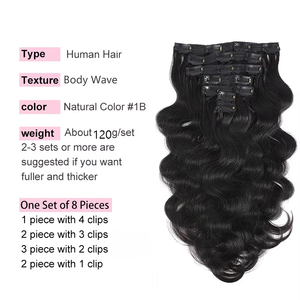 Extensioni per Capelli con Clip, 100% Veri Capelli Umani Brasiliani, Ondulati, Colore Nero Naturale, con Doppia Trama, 8 Pezzi/120G, 26 Pollici - Product Image 2