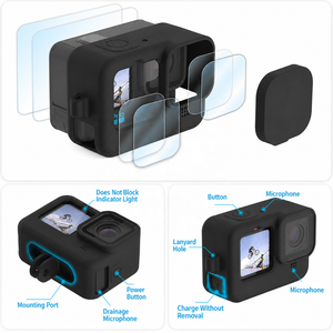 Kit de protection en silicone pour GoPro Hero 12/11/10/<span class=keywords><strong>9</strong></span>, protecteur d'écran en verre trempé, couvercle de batterie, capuchons d'objectif, cordon - Product Image 6