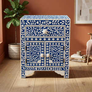 Mueble de Madera con Incrustaciones de Hueso Azul, Diseño Moderno, Mesa Auxiliar de Almacenamiento, Forma Rectangular, Cajón Decorativo Personalizado con Patrón en la Puerta - Product Image 1