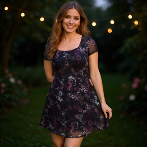 Robe de soirée Adidas pour femme grande taille, courte, coupe trapèze, imprimé floral, en georgette, col rond discret, noir multicolore, du XS au XL - Product Image 2