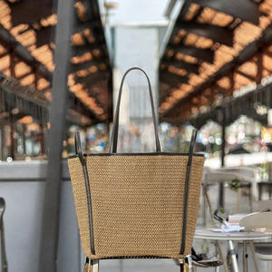 <span class=keywords><strong>Borsa</strong></span> da spiaggia in paglia polinesiana con manici a cestello francese chiusura aperta fodera in poliestere portatile in pelle naturale <span class=keywords><strong>mare</strong></span> nero - Product Image 3