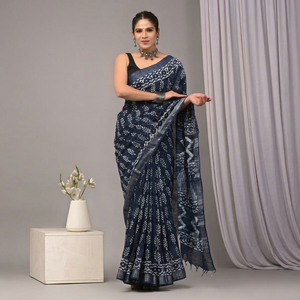 Sari de Algodón y Lino Premium con Estampado Artesanal para Mujer – Prenda Étnica India Tradicional, Suave y Transpirable - Product Image 1