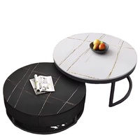 Table Basse Ronde Extensible en Bois avec Plateau en Marbre, Design Moderne et Luxueux, avec Tiroir, pour Salon, Meuble de Maison, Noir, Collection 2025
