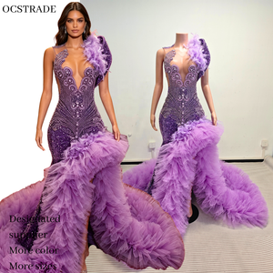Ocstrade Listo para Enviar - Contacta Antes de Ordenar Vestido de Noche/Fiesta Sirena con Plumas Moradas, Un Hombro Descubierto, Pedrería y Cola de Tul con Volantes - Product Image 1