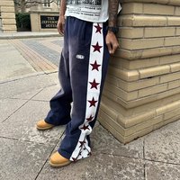 Pantalon de survêtement évasé avec patch brodé effet vieilli, respirant, fermeture à cordon de serrage, délavé soleil, délavé à l'acide, 100% coton épais, taille mi-haute