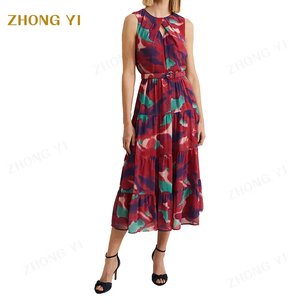 Dames Vintage Bloemen Mouwloze Jurk Ronde Hals Losse Elegante Dames Casual Grafische Print Midi Lange Geplooide Chiffon Jurken