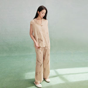Ensemble de pyjama d'été <span class=keywords><strong>chic</strong></span> sans manches, respirant, imprimé botanique artistique, pour femmes, vêtements de nuit décontractés, vêtements de maison - Product Image 2