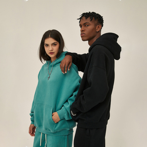 Sweat à capuche unisexe noir épais et lourd en coton tricoté 100% avec fermeture éclair, personnalisable pour l'hiver, 350-450 g/m², avec logo vierge, imprimé ou brodé, coupe oversize, idéal pour la gym - Product Image 2