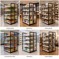Étagère gondole double face à grain de bois, rayonnage à quatre poteaux réglable sans outil à 5 niveaux pour supermarché et librairie