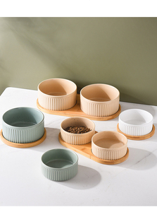 Bol pour animaux de compagnie en céramique à grain vertical avec cadre en bois, vente en gros - Product Image 5