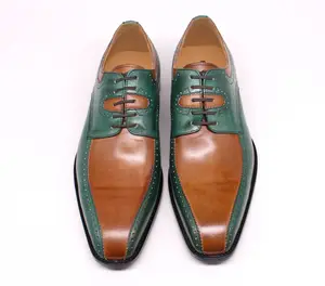 最新款尖头德比鞋绿色棕色皮革系带男正装鞋