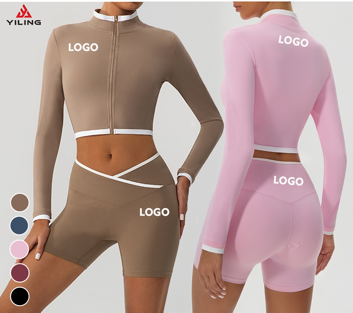 YILING Color-Block Long Sleeve Breathable Fitness Tops Full Zipper Stand Collar Warm Sports Jackets Windproof Fleece Yoga Jacket