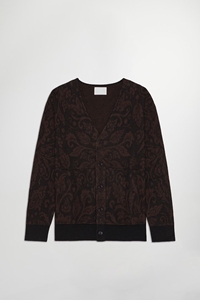 Designer <strong>Men's</strong> Paisley Flock Velvet Cardigan Sweater Bomber Style with Ribbed Trim Jacquard Knit <strong>Jumper</strong> in Burgundy and <strong>Black</strong> - Product Image 2