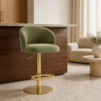 Tabouret de bar moderne en velours à hauteur réglable avec dossier incurvé, base pivotante en métal doré et repose-pieds pour salle à manger/salon