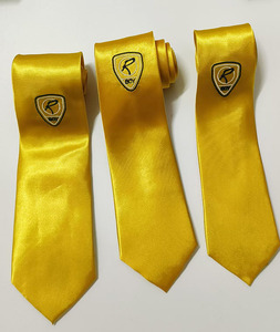 Cravate de luxe pour homme en polyester uni jaune or, avec logo personnalisé brodé, cravates universitaires pour garçons - Product Image 5