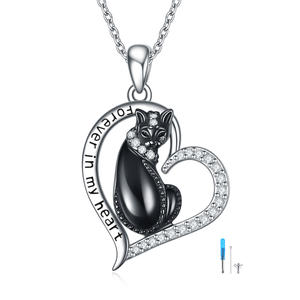 Ashes Keepsake Cremation Jewelry 925 Sterling Silver Black <strong>Cat</strong> <strong>Urn</strong> Pendant Necklace - Product Image 1