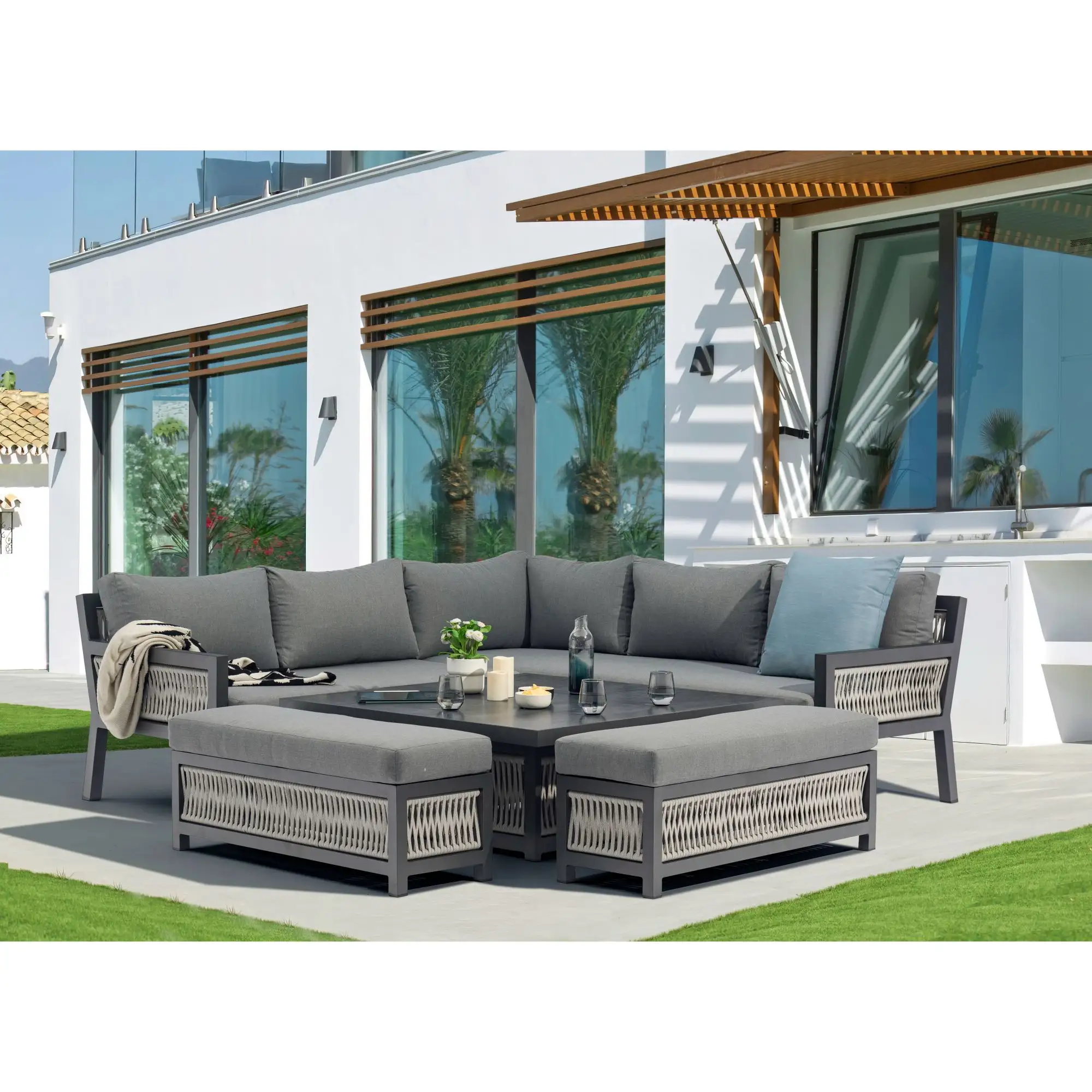 Buiten Tuin Patio Goedkope London Rotan Meubels Buitenterras Sofa Set Met Aluminium Lift Tafel