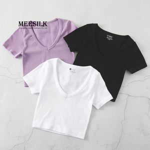 Custom Wholesale High Quality Blank Ribbed Crop Top Slim Fit T-Shirt V-Neck Casual Loose Short Sleeve <strong>Tshirt</strong> <strong>for</strong> <strong>Women</strong> - Product Image 6