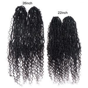 Pre-looped Crochet Boho Faux Locs con cabello humano Rizado extremos Boho Hair Braids Goddess Dreadlocks Hair para mujeres negras 24 hebras - Product Image 5