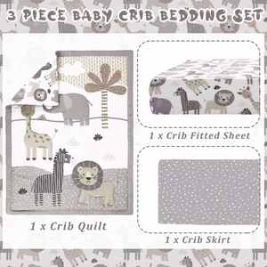 Ensemble de literie pour lit de bébé 3 pièces, animaux de la savane, éléphant, zèbre, lion, girafe, ensemble de lit de bébé neutre, comprend une couette, un drap-housse, une jupe - Product Image 6